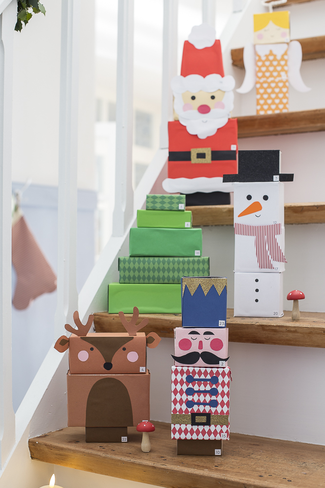 Upcycling Adventskalender für Kinder aus Verpackungsschachteln