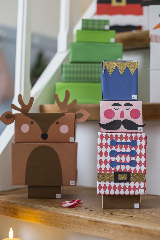 Upcycling Adventskalender für Kinder aus Verpackungsschachteln